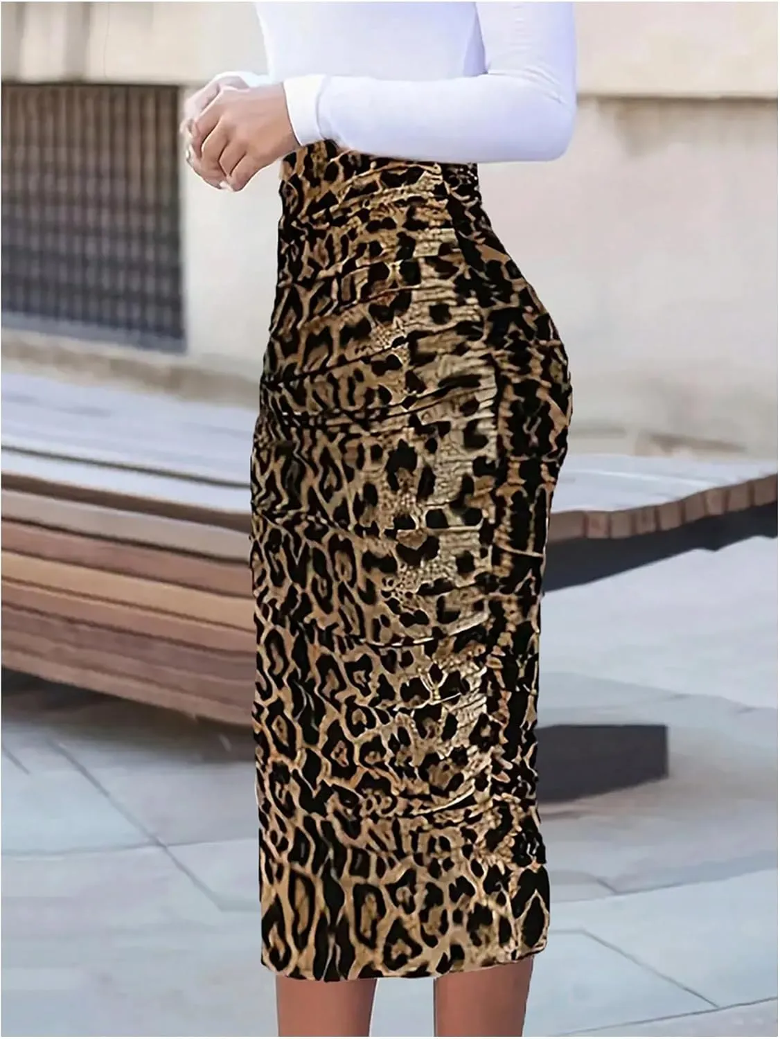 Floerns Women's Elegant Leopard Print Ruched Bodycon Pencil Long Skirts