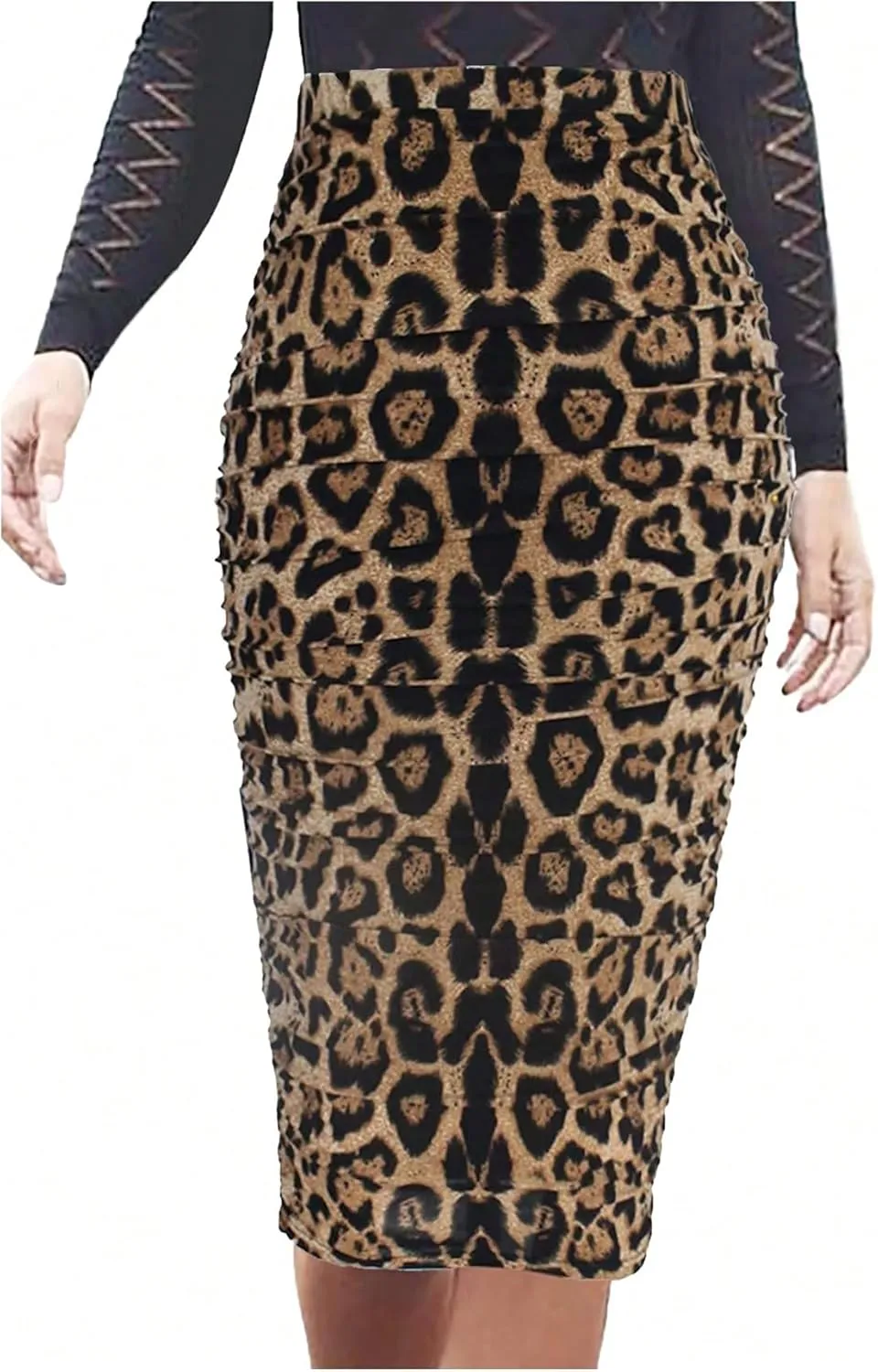 Floerns Women's Elegant Leopard Print Ruched Bodycon Pencil Long Skirts