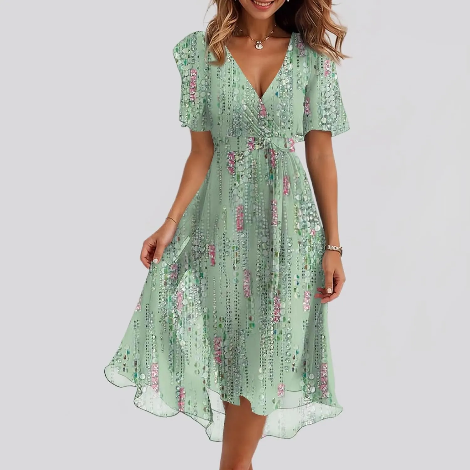 Floral Chiffon Midi Cocktail Dresses for Women 2025 Elegant Classy Summer Beach Flowy Sexy Deep V Neck Wrap Dress
