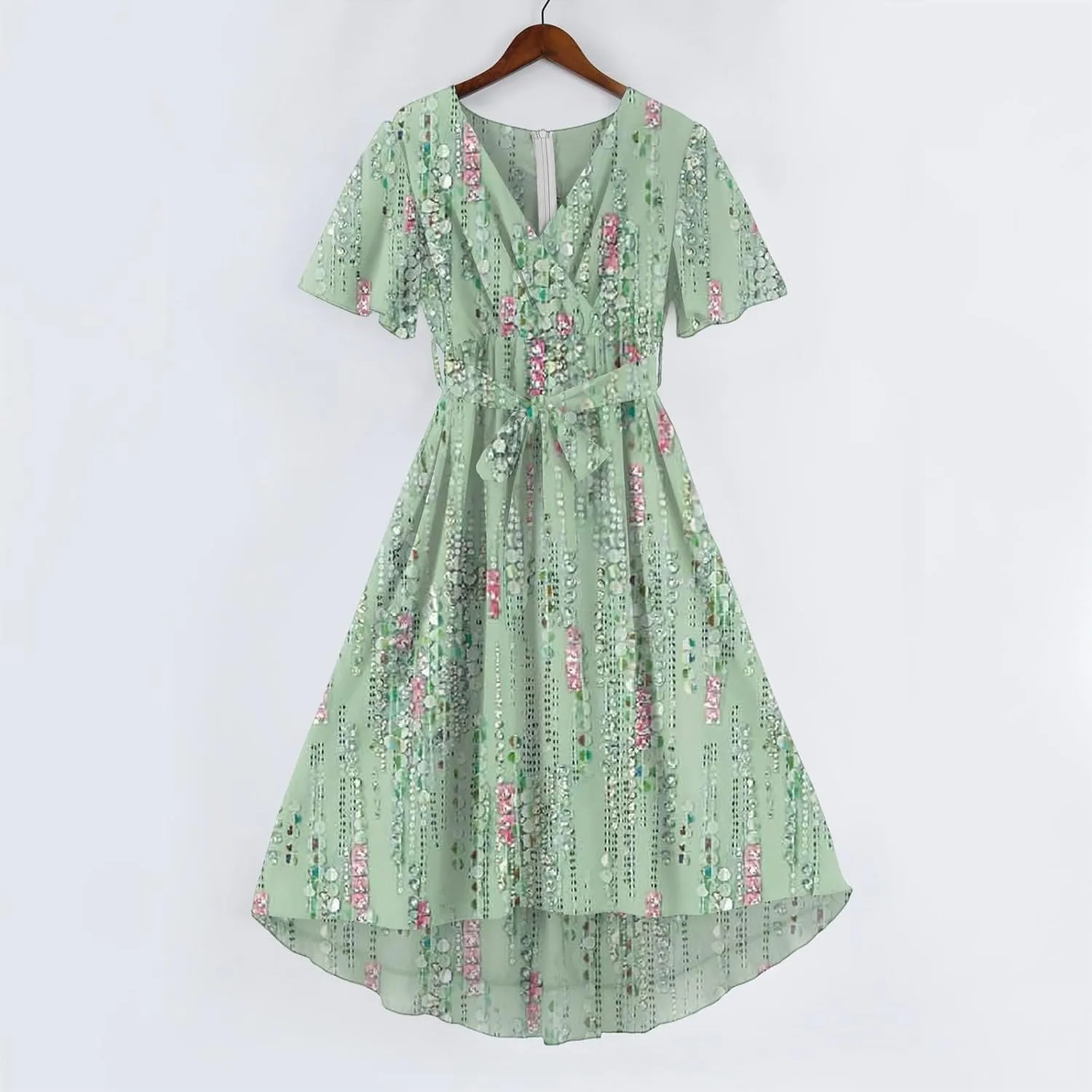 Floral Chiffon Midi Cocktail Dresses for Women 2025 Elegant Classy Summer Beach Flowy Sexy Deep V Neck Wrap Dress