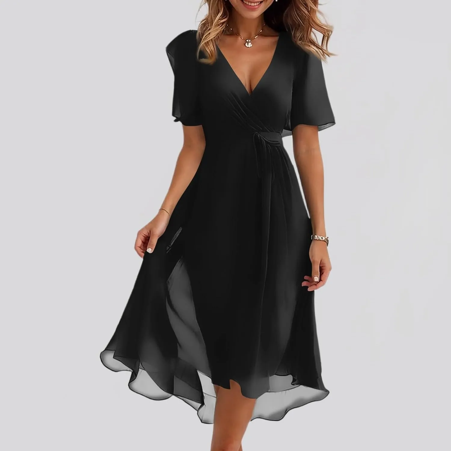 Floral Chiffon Midi Cocktail Dresses for Women 2025 Elegant Classy Summer Beach Flowy Sexy Deep V Neck Wrap Dress