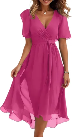 Floral Chiffon Midi Cocktail Dresses for Women 2025 Elegant Classy Summer Beach Flowy Sexy Deep V Neck Wrap Dress