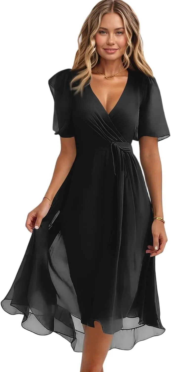 Floral Chiffon Midi Cocktail Dresses for Women 2025 Elegant Classy Summer Beach Flowy Sexy Deep V Neck Wrap Dress