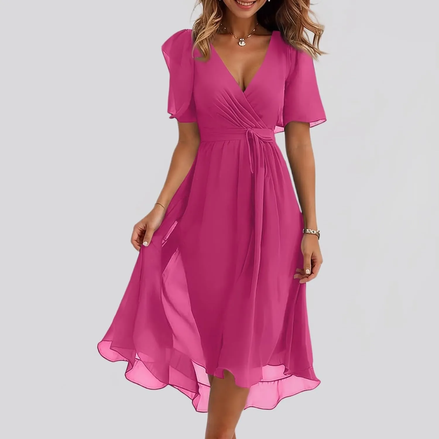 Floral Chiffon Midi Cocktail Dresses for Women 2025 Elegant Classy Summer Beach Flowy Sexy Deep V Neck Wrap Dress