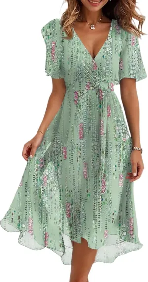 Floral Chiffon Midi Cocktail Dresses for Women 2025 Elegant Classy Summer Beach Flowy Sexy Deep V Neck Wrap Dress