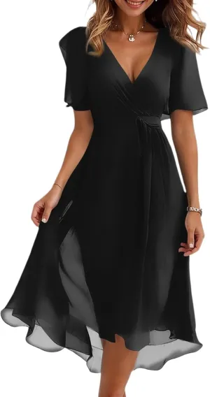 Floral Chiffon Midi Cocktail Dresses for Women 2025 Elegant Classy Summer Beach Flowy Sexy Deep V Neck Wrap Dress