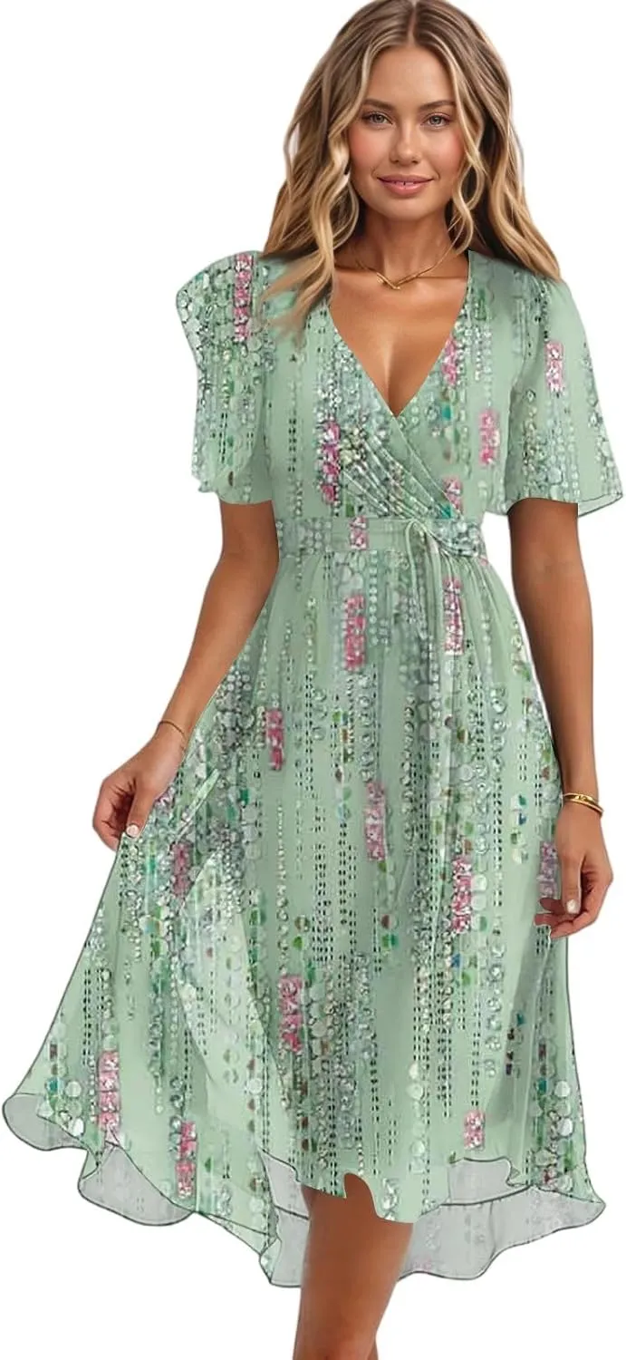 Floral Chiffon Midi Cocktail Dresses for Women 2025 Elegant Classy Summer Beach Flowy Sexy Deep V Neck Wrap Dress