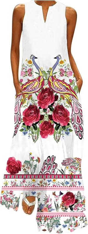 Floral Dress for Women Elegant V Neck Sleeveless Ruffle Bohemian Dresses with Pocket Summer Causal Boho Maxi Sundress