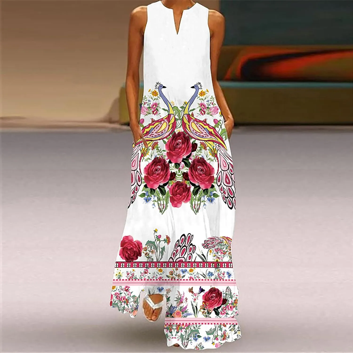 Floral Dress for Women Elegant V Neck Sleeveless Ruffle Bohemian Dresses with Pocket Summer Causal Boho Maxi Sundress