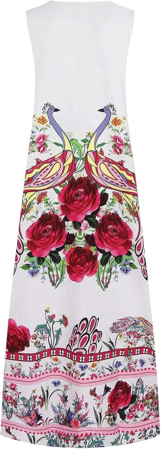 Floral Dress for Women Elegant V Neck Sleeveless Ruffle Bohemian Dresses with Pocket Summer Causal Boho Maxi Sundress