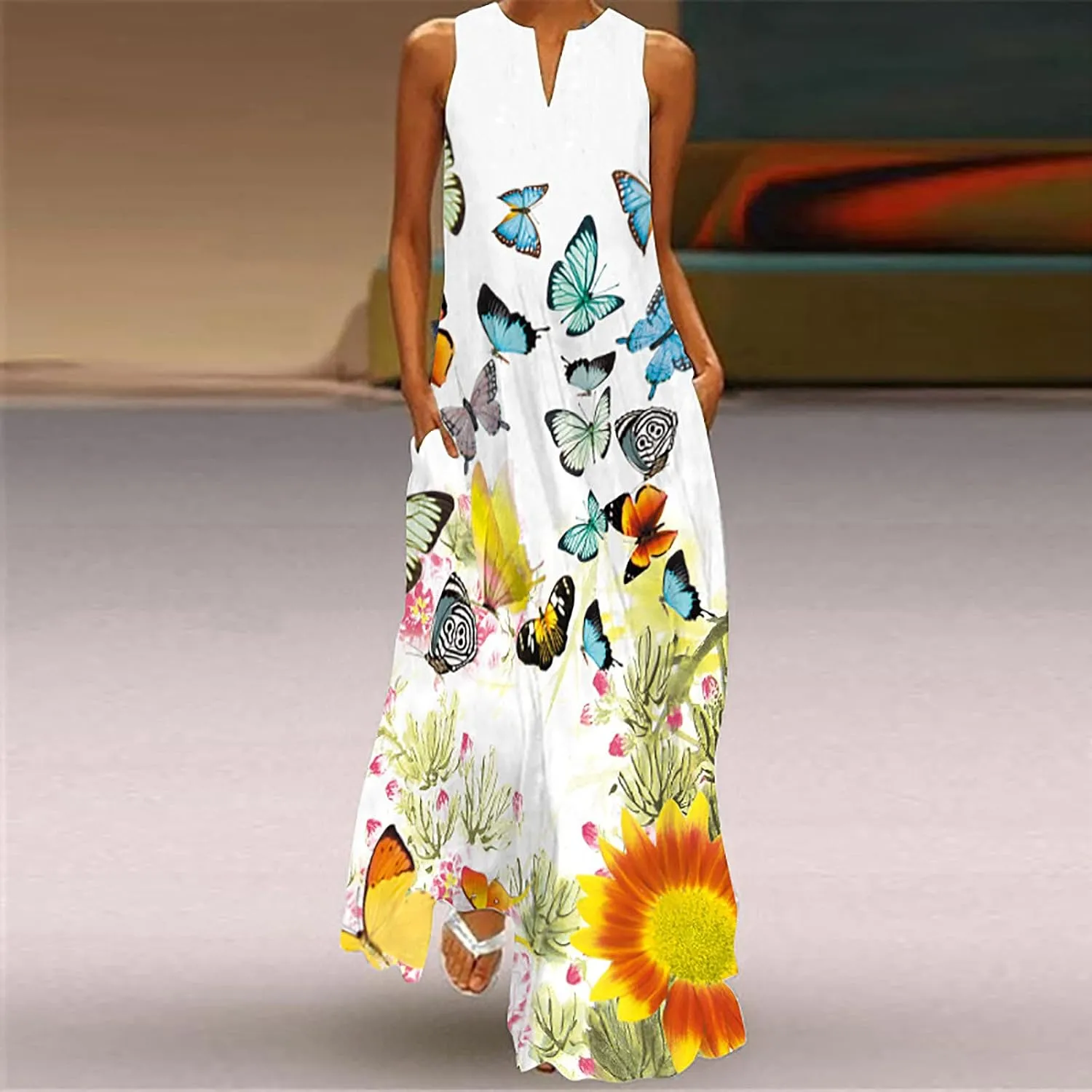 Floral Dress for Women Elegant V Neck Sleeveless Ruffle Bohemian Dresses with Pocket Summer Causal Boho Maxi Sundress