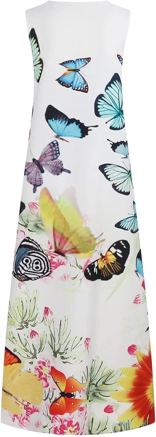 Floral Dress for Women Elegant V Neck Sleeveless Ruffle Bohemian Dresses with Pocket Summer Causal Boho Maxi Sundress