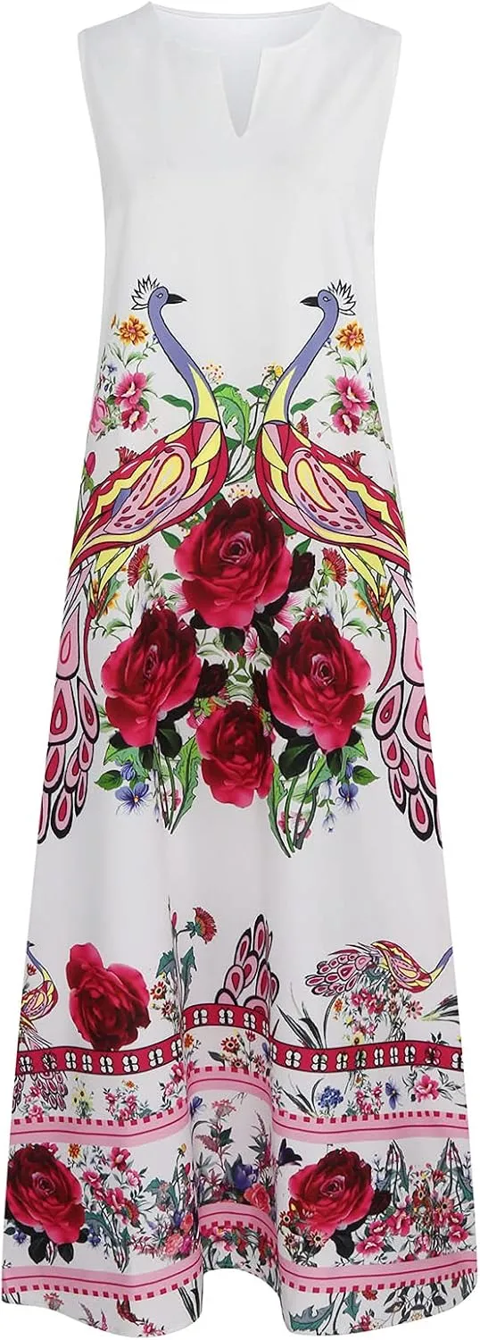 Floral Dress for Women Elegant V Neck Sleeveless Ruffle Bohemian Dresses with Pocket Summer Causal Boho Maxi Sundress