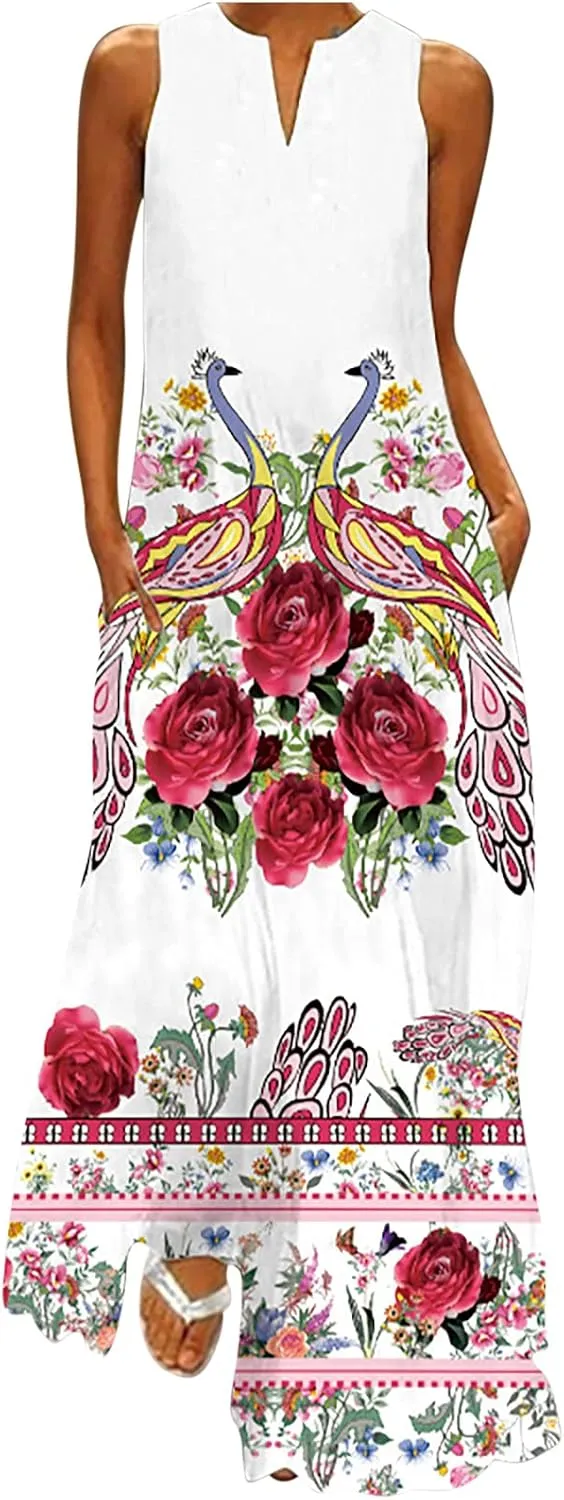 Floral Dress for Women Elegant V Neck Sleeveless Ruffle Bohemian Dresses with Pocket Summer Causal Boho Maxi Sundress