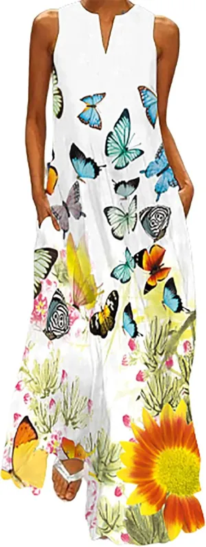 Floral Dress for Women Elegant V Neck Sleeveless Ruffle Bohemian Dresses with Pocket Summer Causal Boho Maxi Sundress