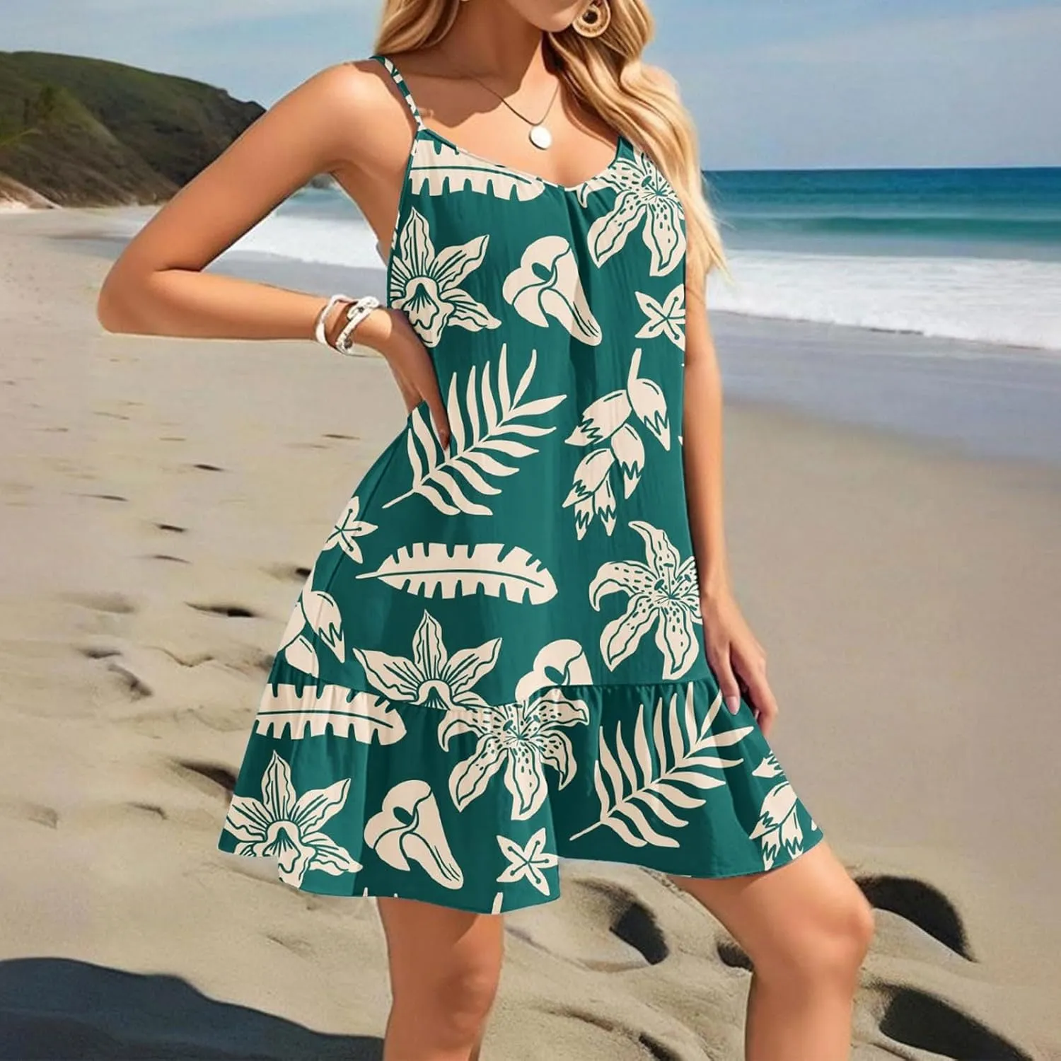Floral Mini Summer Dresses for Women, Spaghetti Strap Cold Shoulder Ruffle Hem Swimsuits Beach Cover Up Sundress