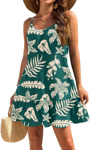 Floral Mini Summer Dresses for Women, Spaghetti Strap Cold Shoulder Ruffle Hem Swimsuits Beach Cover Up Sundress