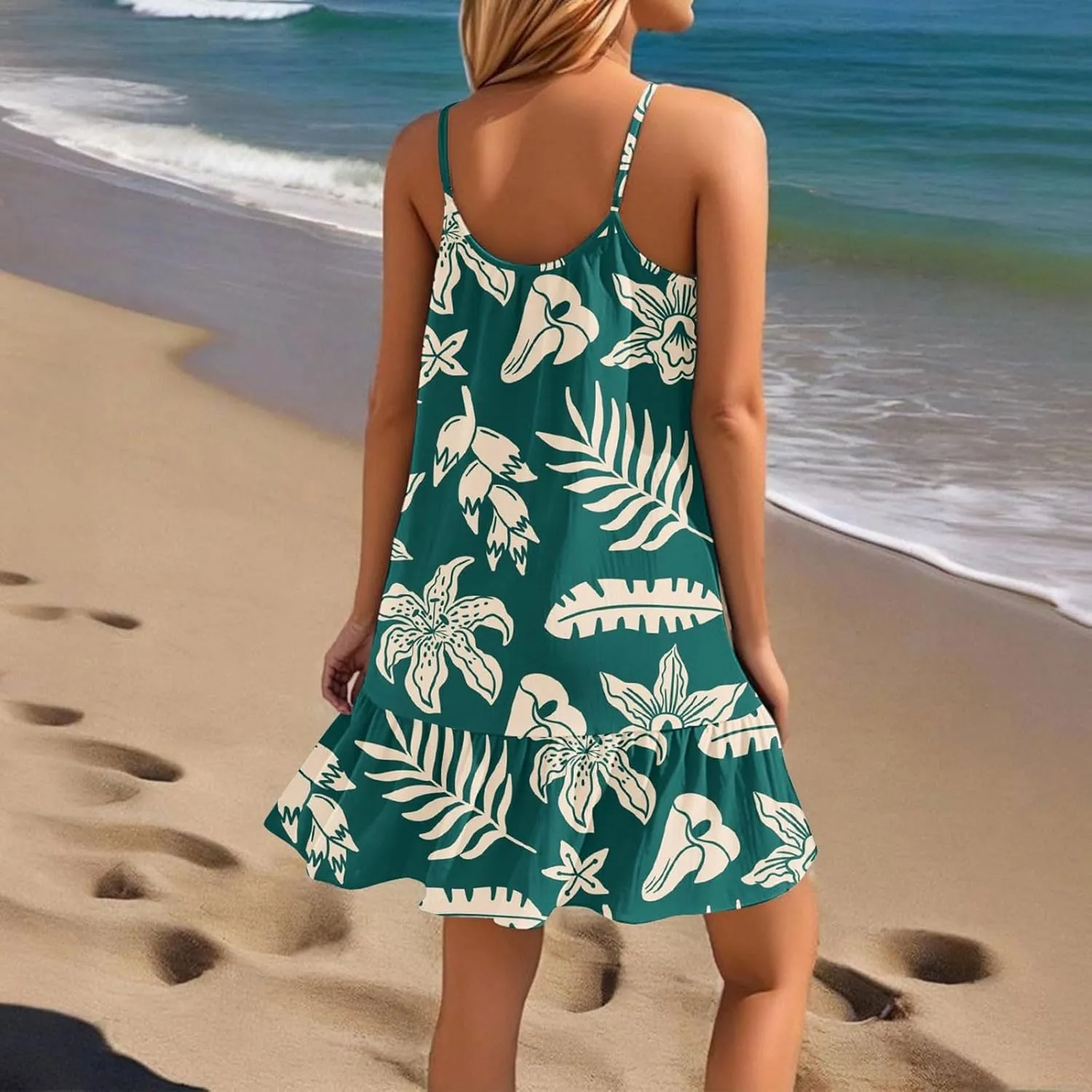 Floral Mini Summer Dresses for Women, Spaghetti Strap Cold Shoulder Ruffle Hem Swimsuits Beach Cover Up Sundress