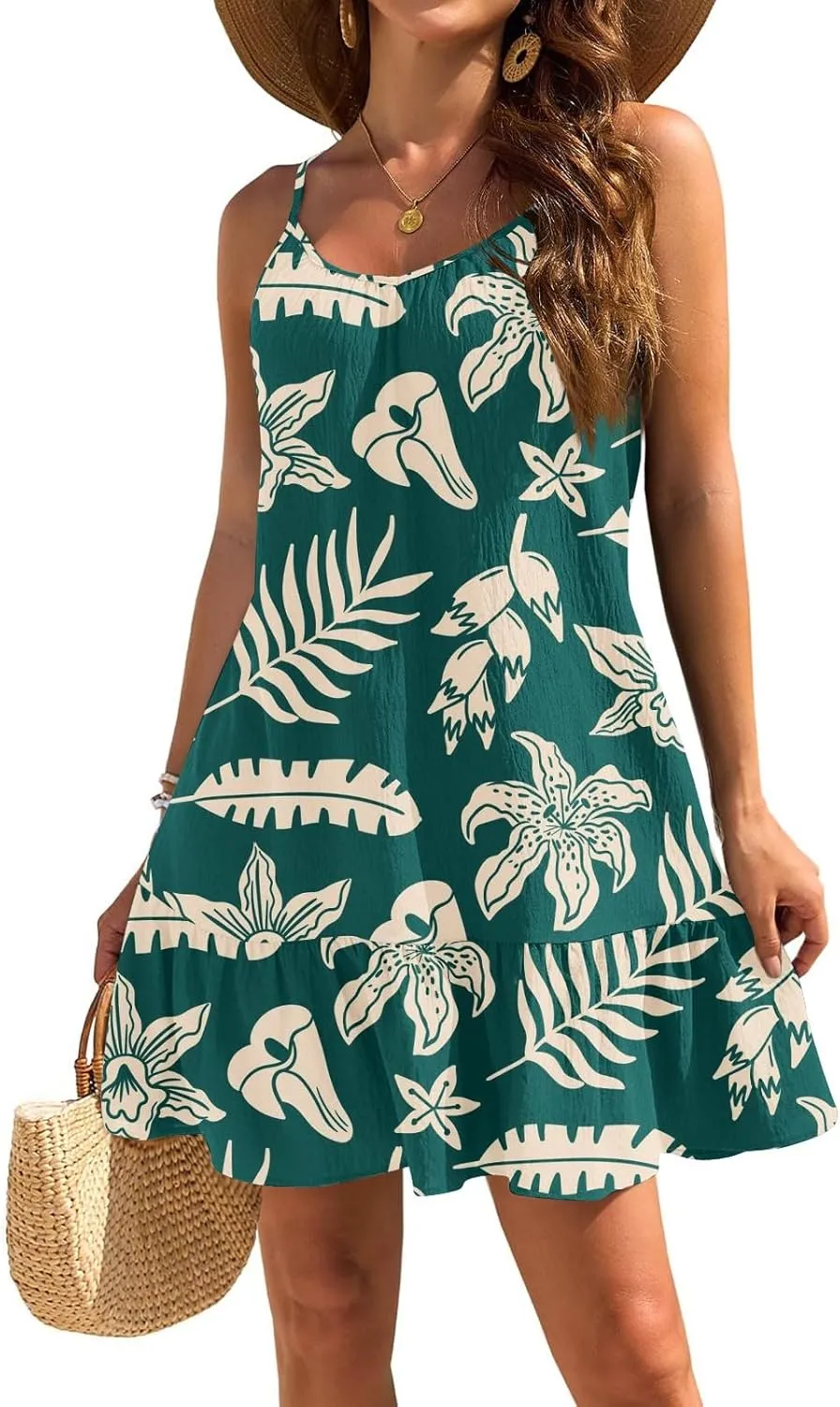 Floral Mini Summer Dresses for Women, Spaghetti Strap Cold Shoulder Ruffle Hem Swimsuits Beach Cover Up Sundress