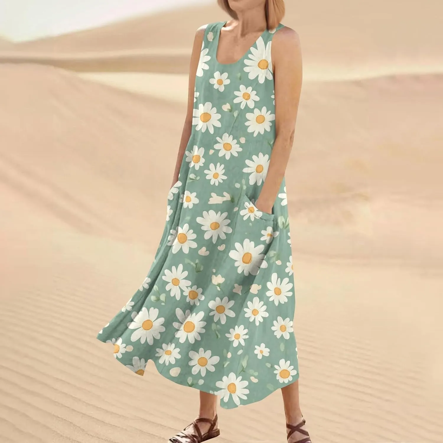 Floral Printed Beach Casual Sleeveless V Neck Vest Midi Summer Women's Sundress with Pockets