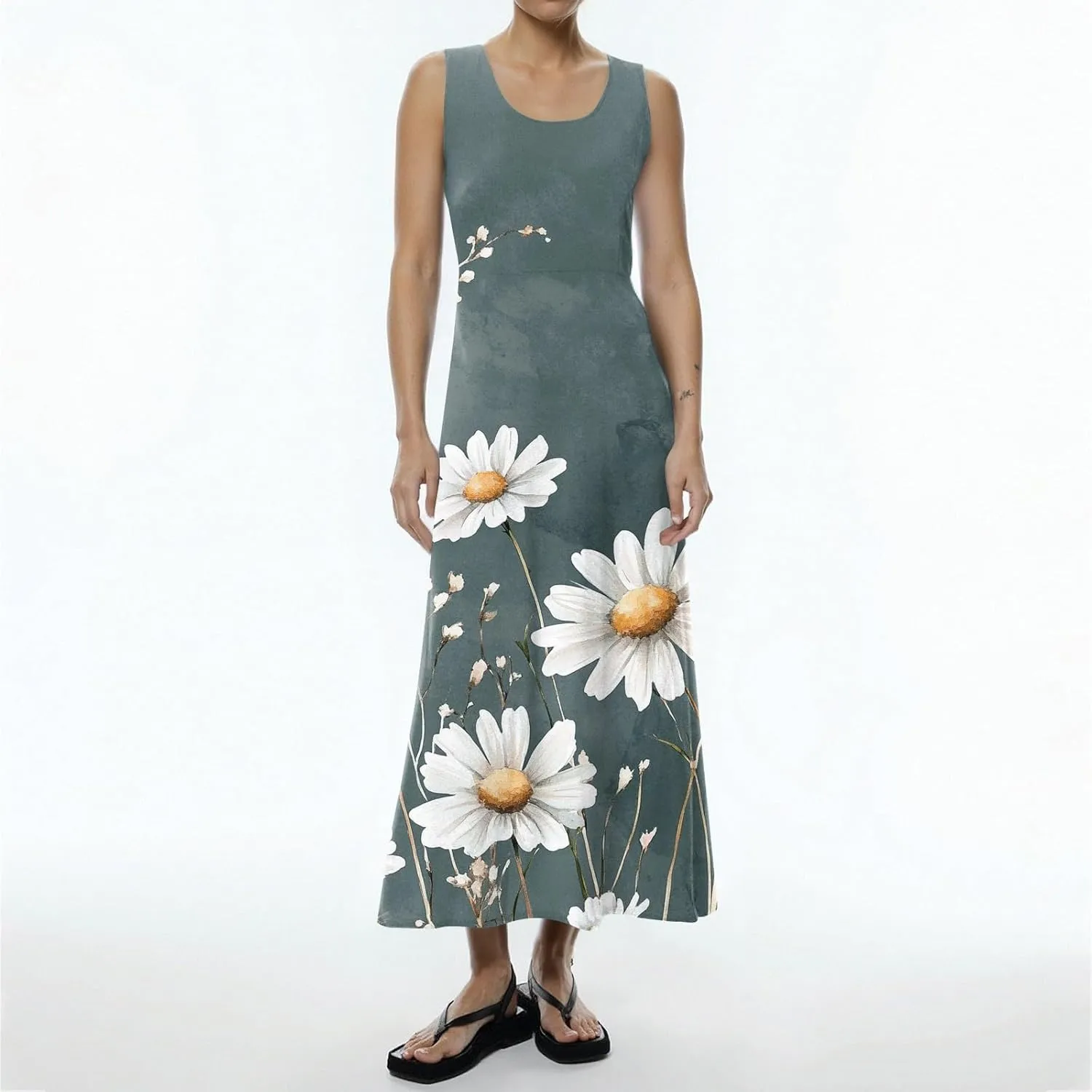 Floral Printed Beach Casual Sleeveless V Neck Vest Midi Summer Women's Sundress with Pockets