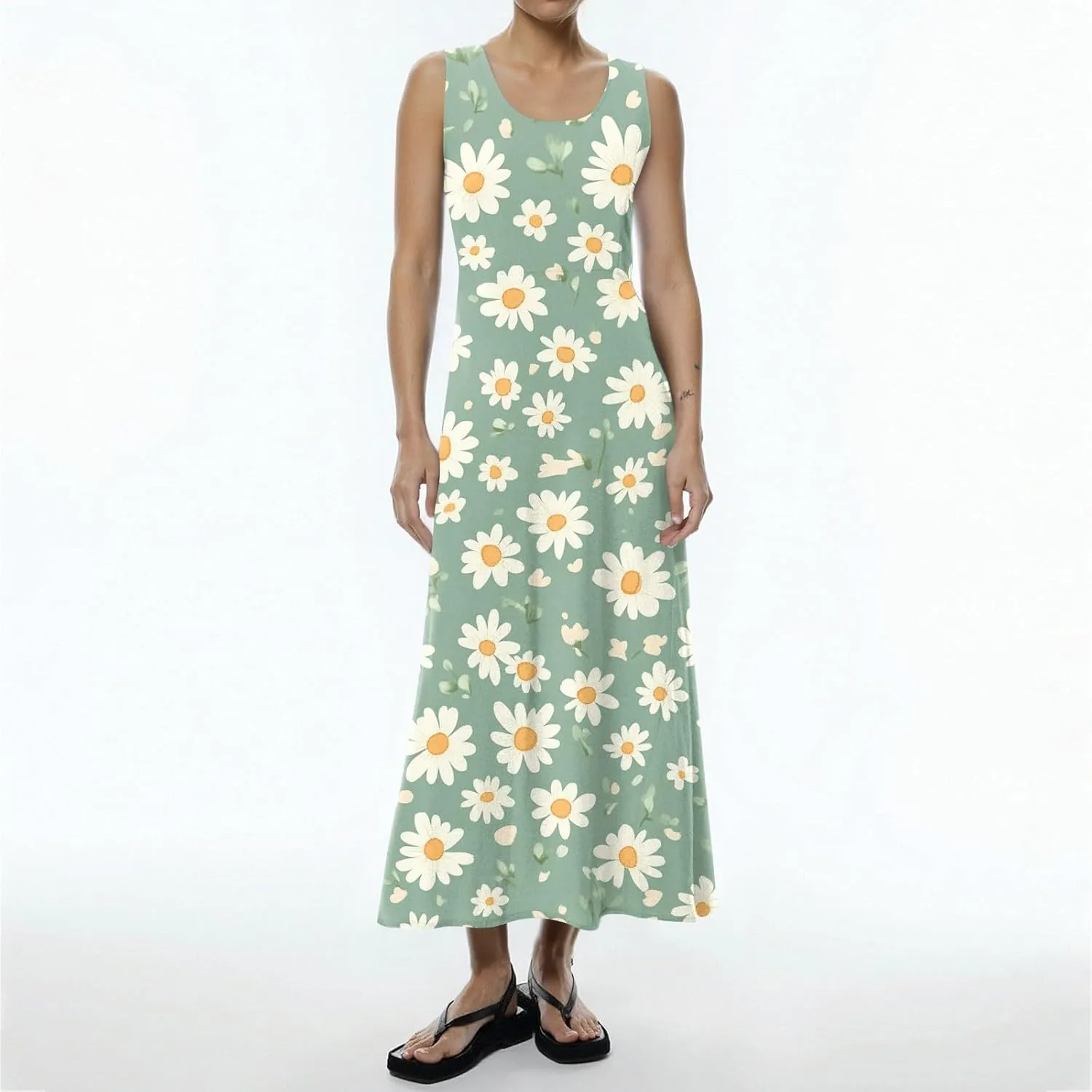 Floral Printed Beach Casual Sleeveless V Neck Vest Midi Summer Women's Sundress with Pockets