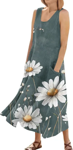 Floral Printed Beach Casual Sleeveless V Neck Vest Midi Summer Women's Sundress with Pockets