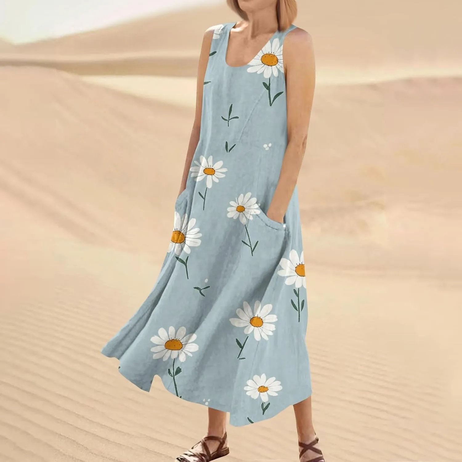 Floral Printed Beach Casual Sleeveless V Neck Vest Midi Summer Women's Sundress with Pockets