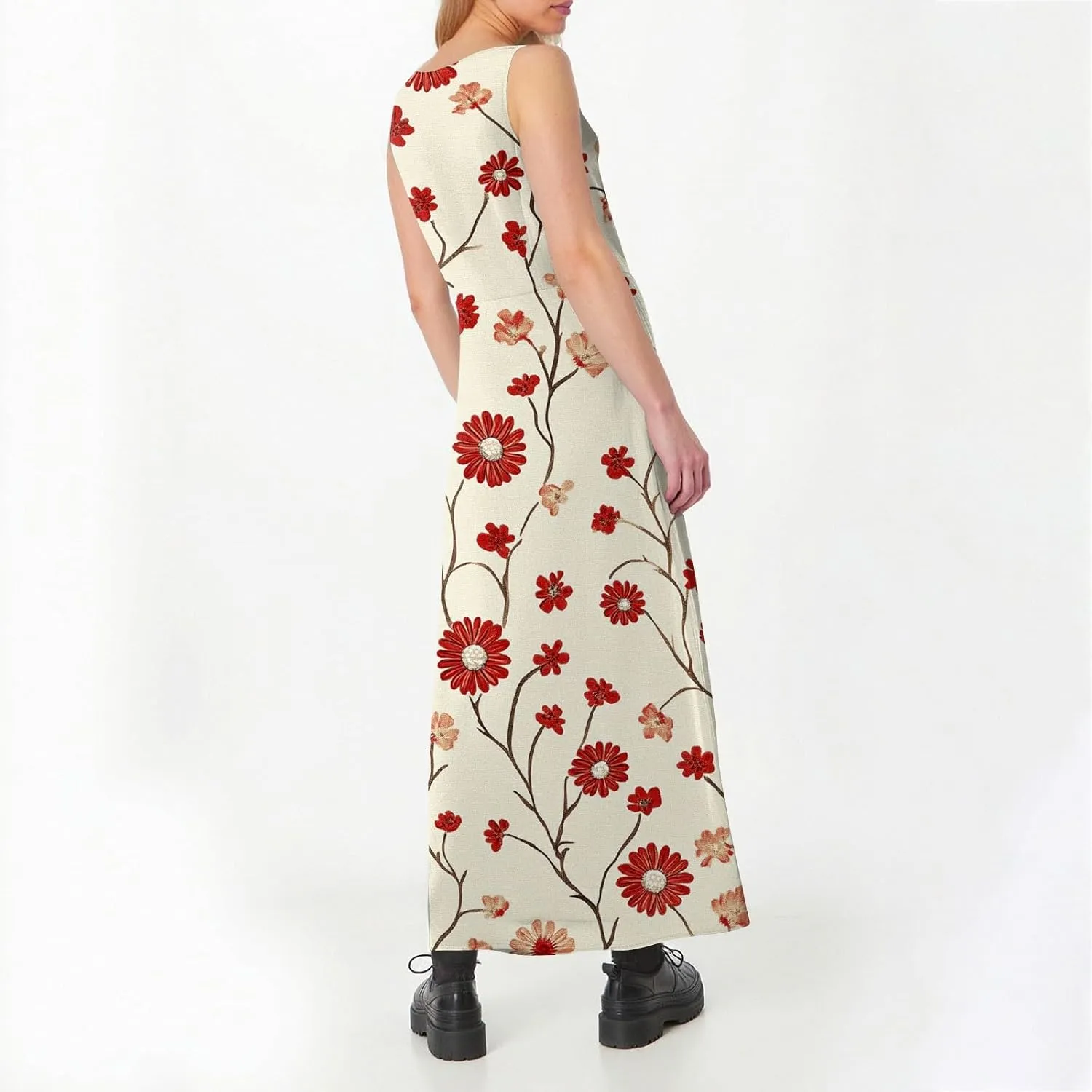 Floral Printed Beach Casual Sleeveless V Neck Vest Midi Summer Women's Sundress with Pockets