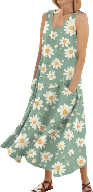 Floral Printed Beach Casual Sleeveless V Neck Vest Midi Summer Women's Sundress with Pockets