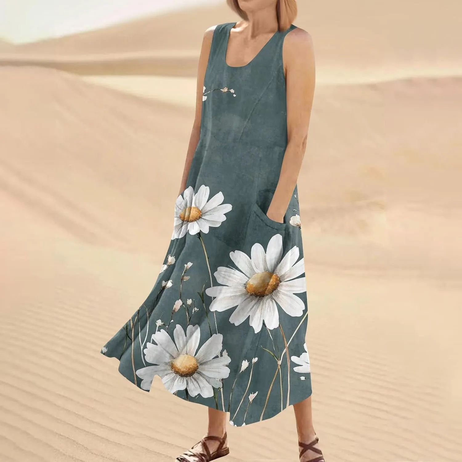 Floral Printed Beach Casual Sleeveless V Neck Vest Midi Summer Women's Sundress with Pockets