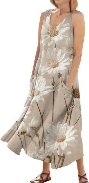 Floral Printed Beach Casual Sleeveless V Neck Vest Midi Summer Women's Sundress with Pockets