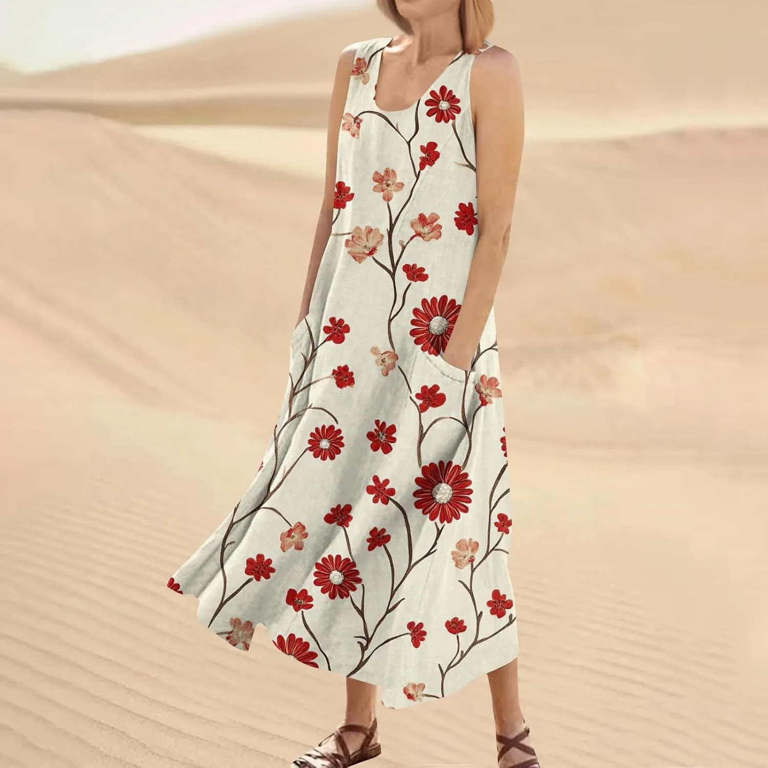 Floral Printed Beach Casual Sleeveless V Neck Vest Midi Summer Women's Sundress with Pockets