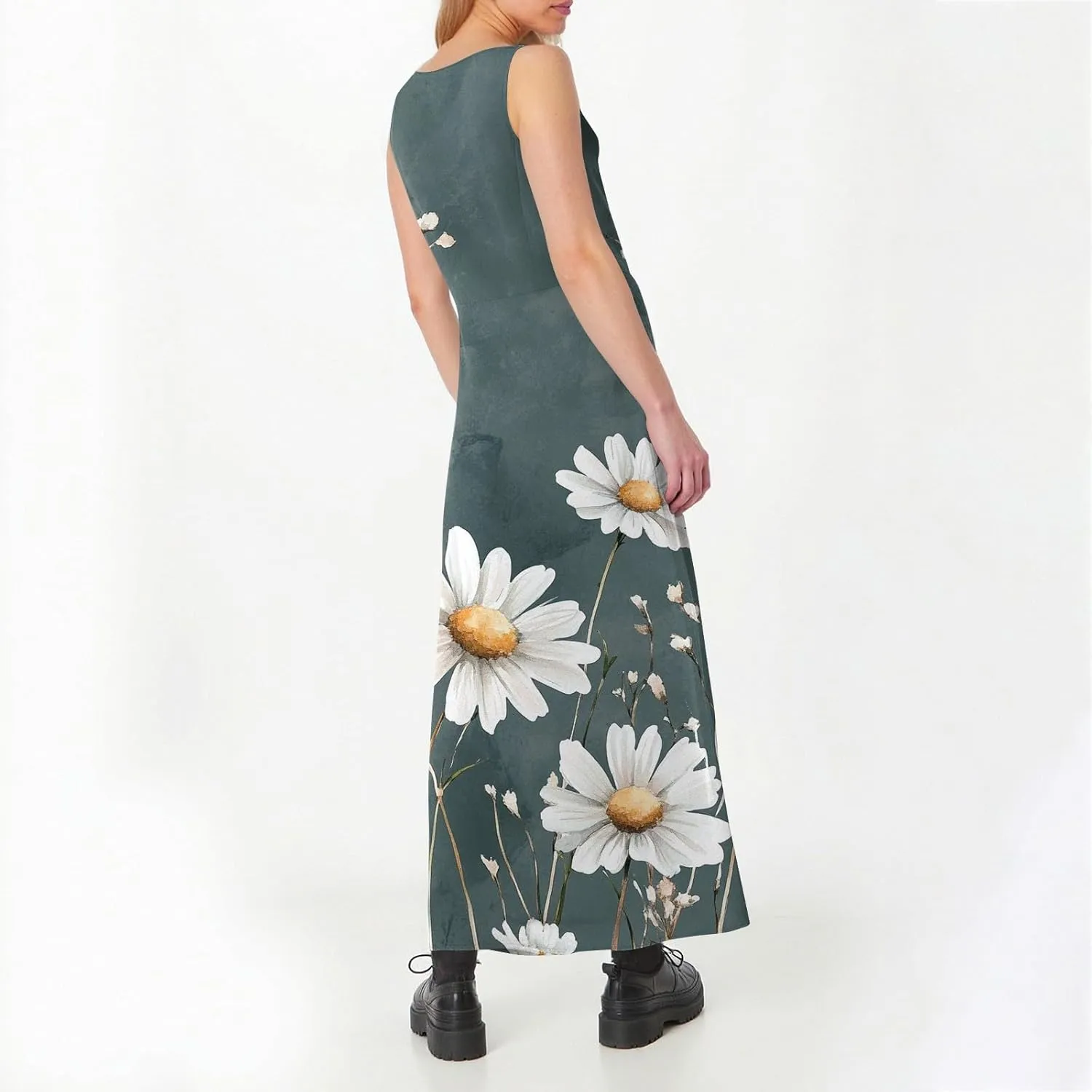 Floral Printed Beach Casual Sleeveless V Neck Vest Midi Summer Women's Sundress with Pockets