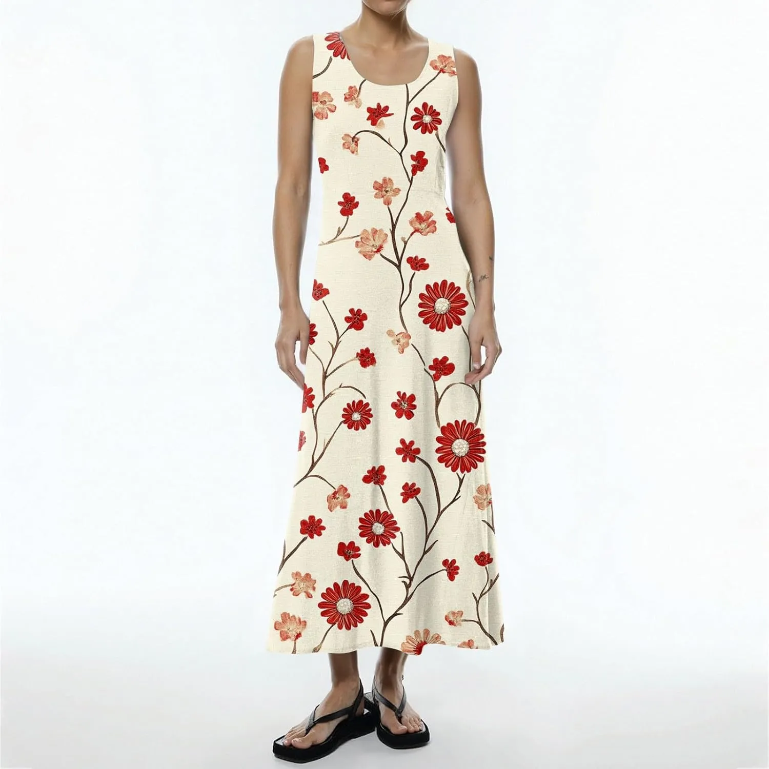 Floral Printed Beach Casual Sleeveless V Neck Vest Midi Summer Women's Sundress with Pockets