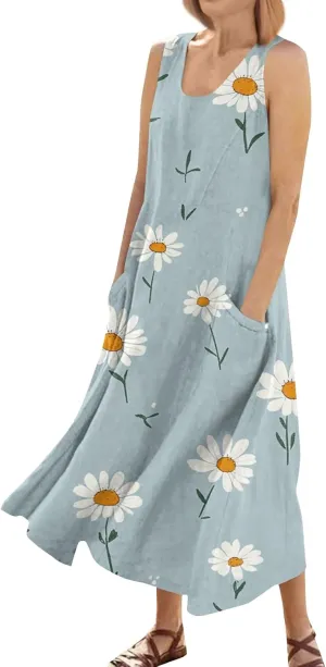 Floral Printed Beach Casual Sleeveless V Neck Vest Midi Summer Women's Sundress with Pockets