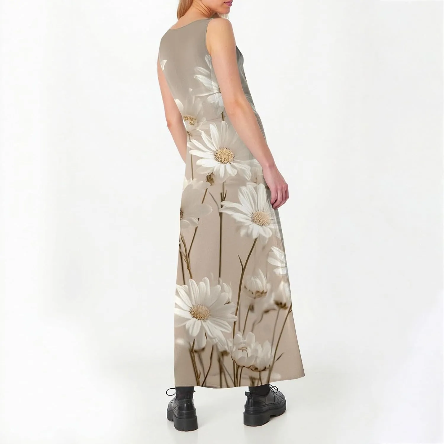 Floral Printed Beach Casual Sleeveless V Neck Vest Midi Summer Women's Sundress with Pockets