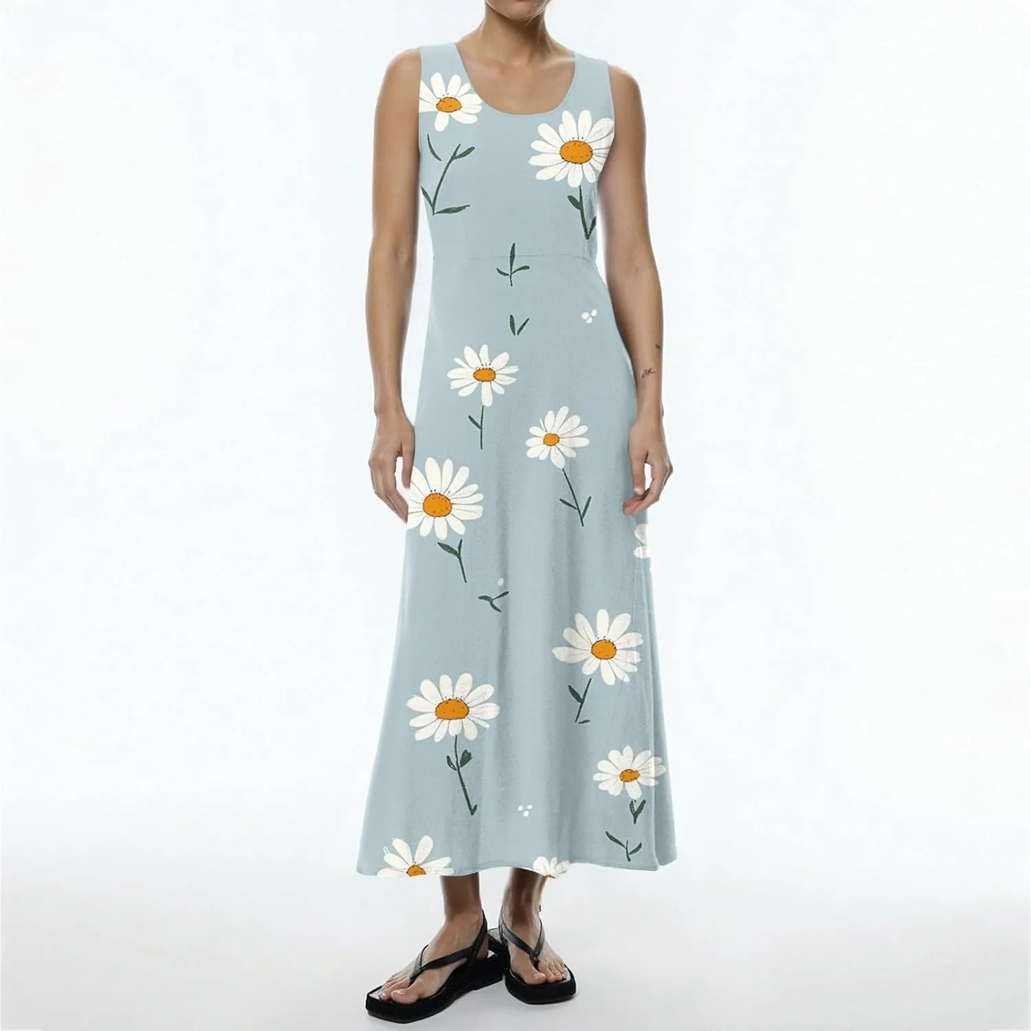Floral Printed Beach Casual Sleeveless V Neck Vest Midi Summer Women's Sundress with Pockets