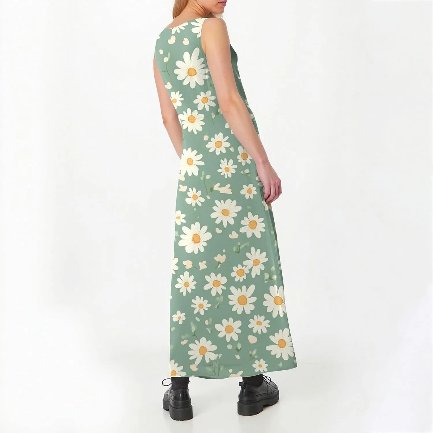 Floral Printed Beach Casual Sleeveless V Neck Vest Midi Summer Women's Sundress with Pockets