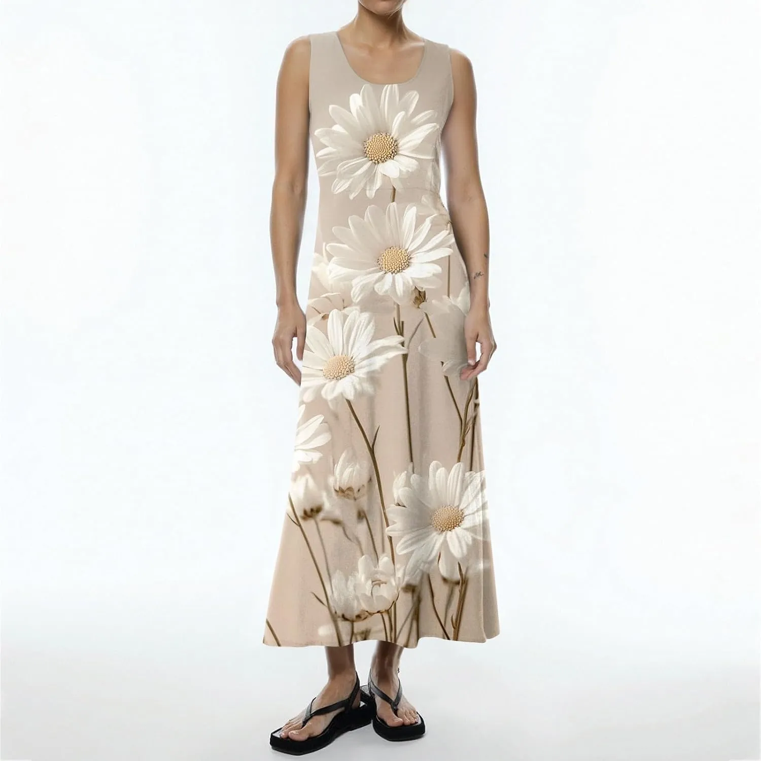 Floral Printed Beach Casual Sleeveless V Neck Vest Midi Summer Women's Sundress with Pockets