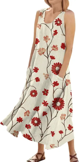 Floral Printed Beach Casual Sleeveless V Neck Vest Midi Summer Women's Sundress with Pockets