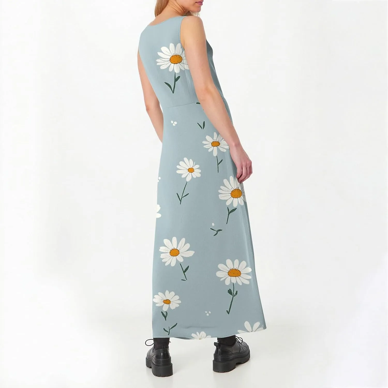 Floral Printed Beach Casual Sleeveless V Neck Vest Midi Summer Women's Sundress with Pockets