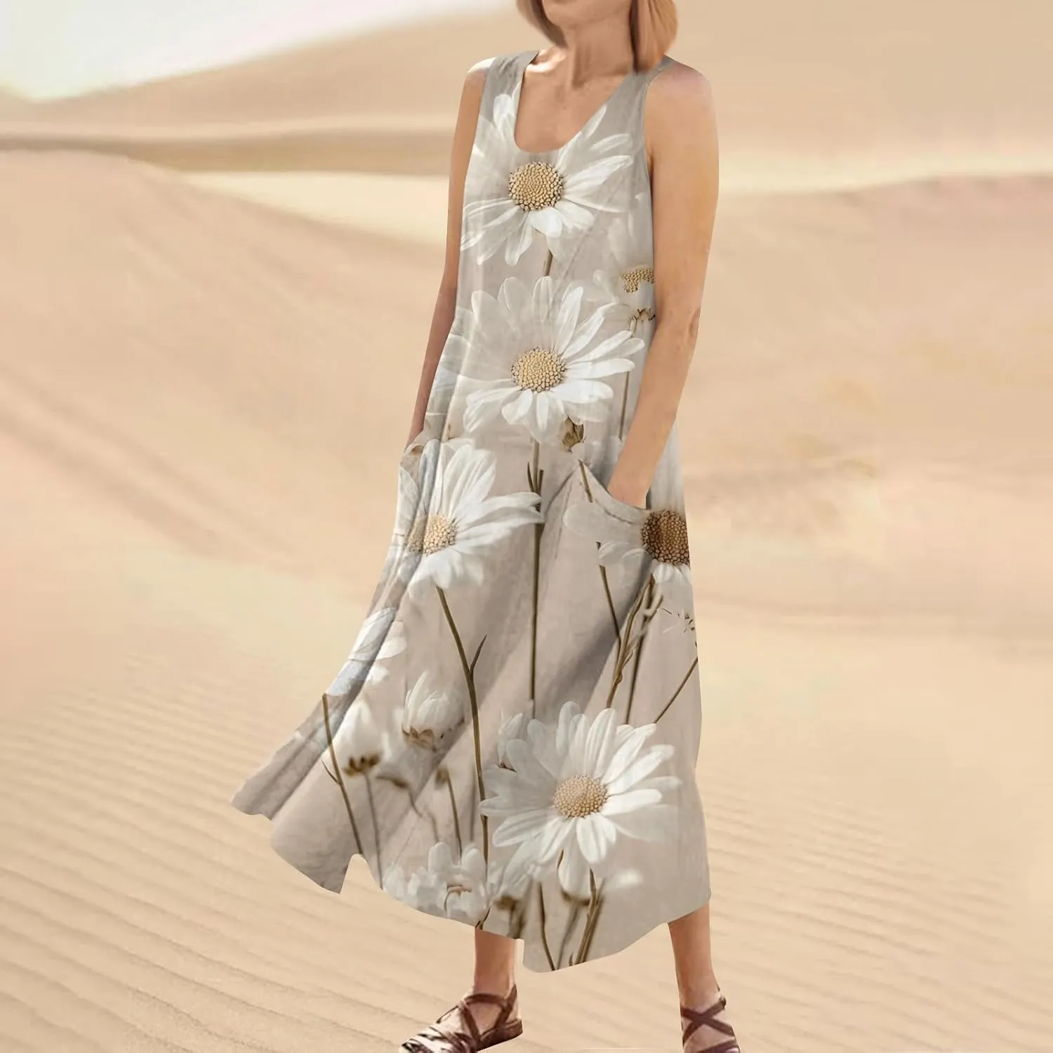 Floral Printed Beach Casual Sleeveless V Neck Vest Midi Summer Women's Sundress with Pockets