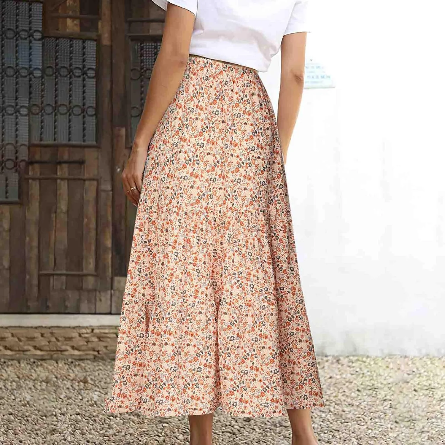 Floral Skirts for Women High Waist Flared Maxi Skirts Summer Vacation Beach Boho Flower Print Ruffle Swing Skirt