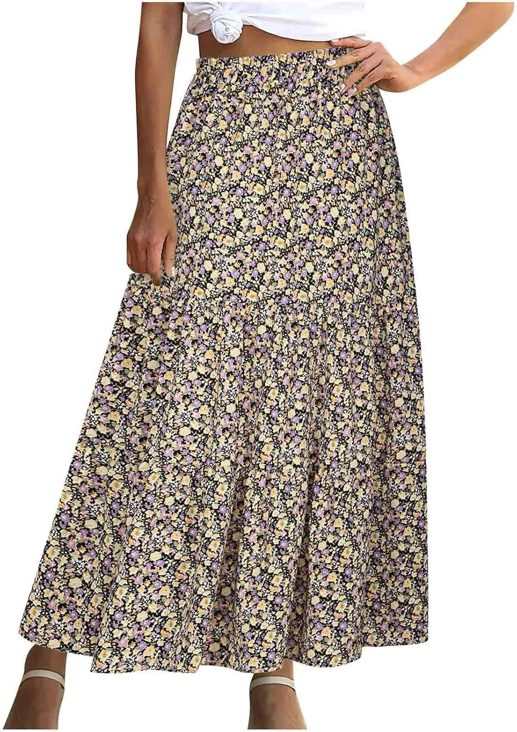 Floral Skirts for Women High Waist Flared Maxi Skirts Summer Vacation Beach Boho Flower Print Ruffle Swing Skirt