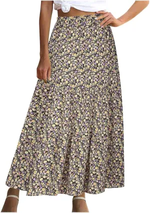 Floral Skirts for Women High Waist Flared Maxi Skirts Summer Vacation Beach Boho Flower Print Ruffle Swing Skirt
