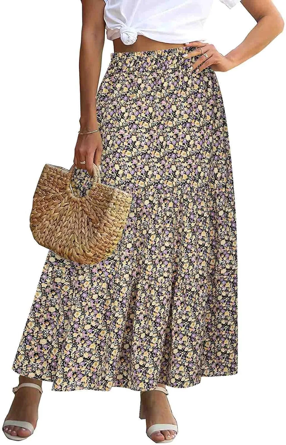 Floral Skirts for Women High Waist Flared Maxi Skirts Summer Vacation Beach Boho Flower Print Ruffle Swing Skirt