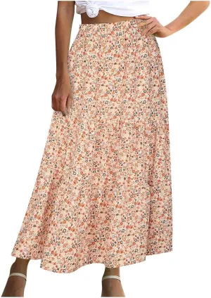 Floral Skirts for Women High Waist Flared Maxi Skirts Summer Vacation Beach Boho Flower Print Ruffle Swing Skirt