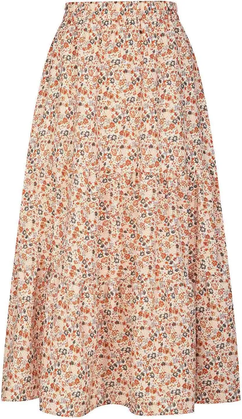 Floral Skirts for Women High Waist Flared Maxi Skirts Summer Vacation Beach Boho Flower Print Ruffle Swing Skirt