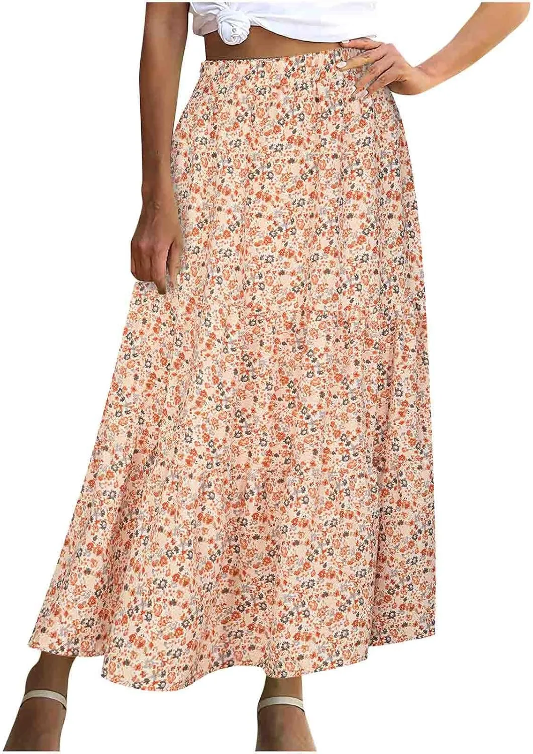 Floral Skirts for Women High Waist Flared Maxi Skirts Summer Vacation Beach Boho Flower Print Ruffle Swing Skirt